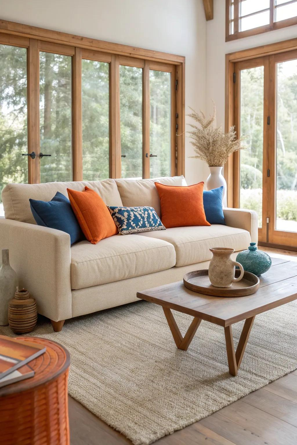 15+ Chic Orange And Blue Living Room Ideas - Vervilla throughout Balancing Bold Colors and Neutral Tones for a Cohesive Living Room Look