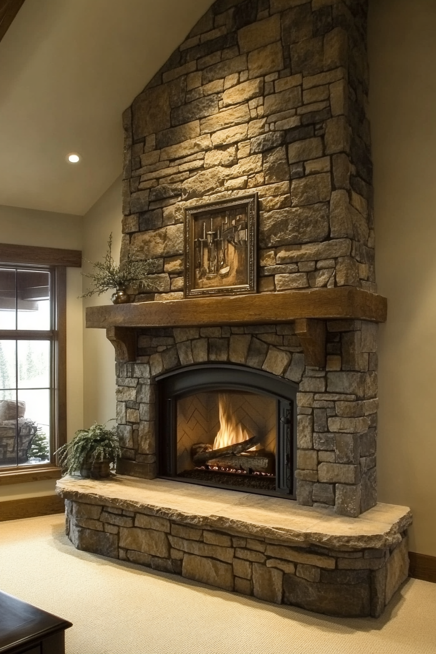 35+ Cozy Stone Fireplace Ideas To Transform Your Living Room - Feel ... with regard to Cast Stone Fireplace Mantel