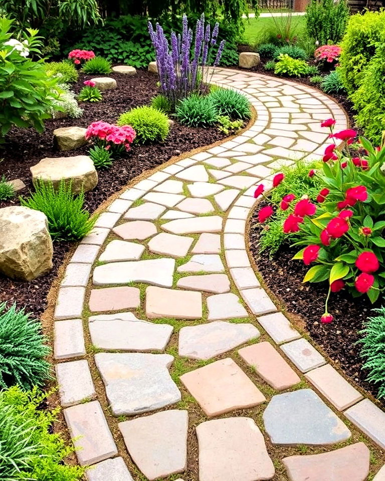 40 Paver Walkway Ideas For Stunning Outdoor Paths inside Blending Native Plants with Curved Stone Paths for a Natural Look