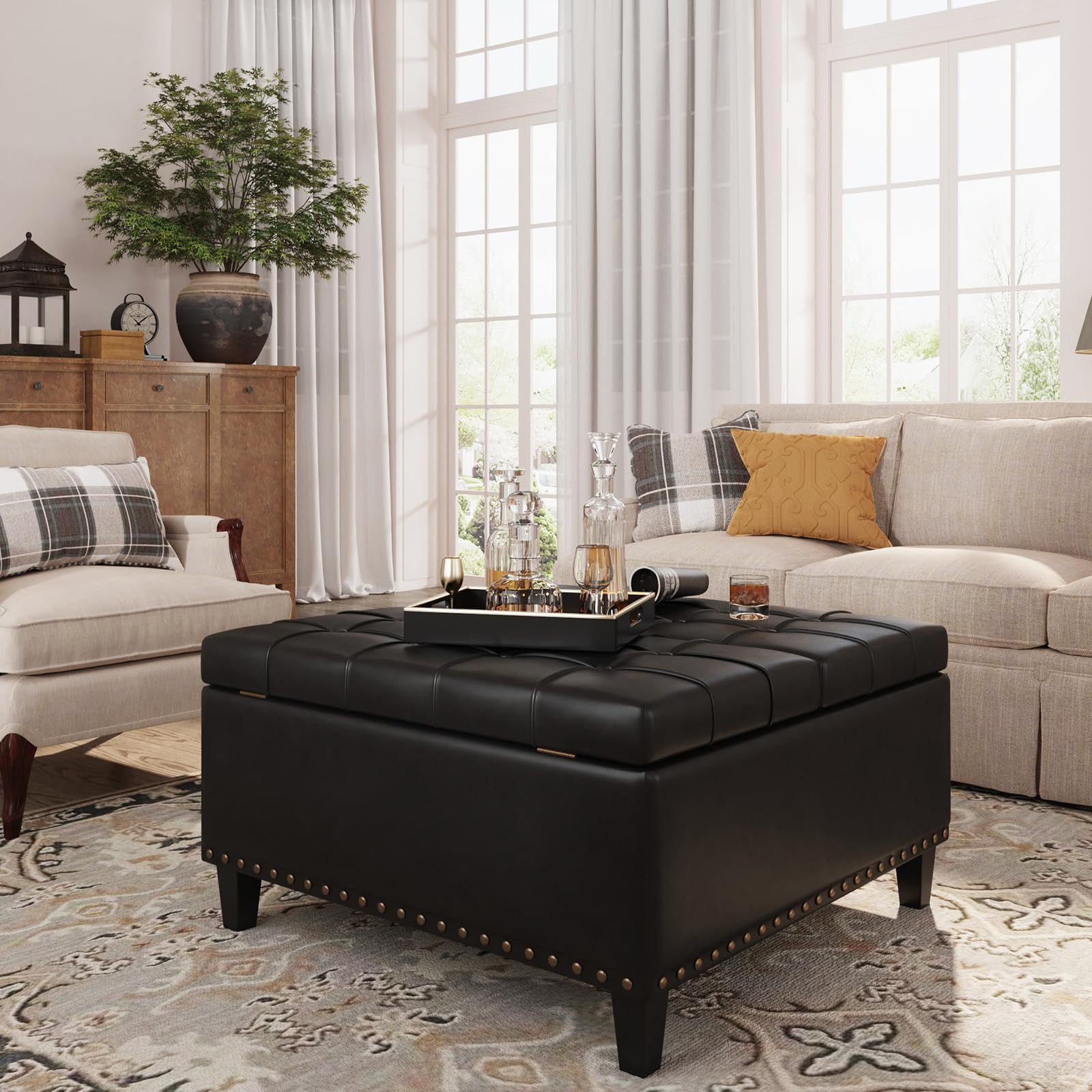 Amazon.com: Fivewillowise Square Leather Ottoman With Storage, Faux ... pertaining to Storage Ottoman Large