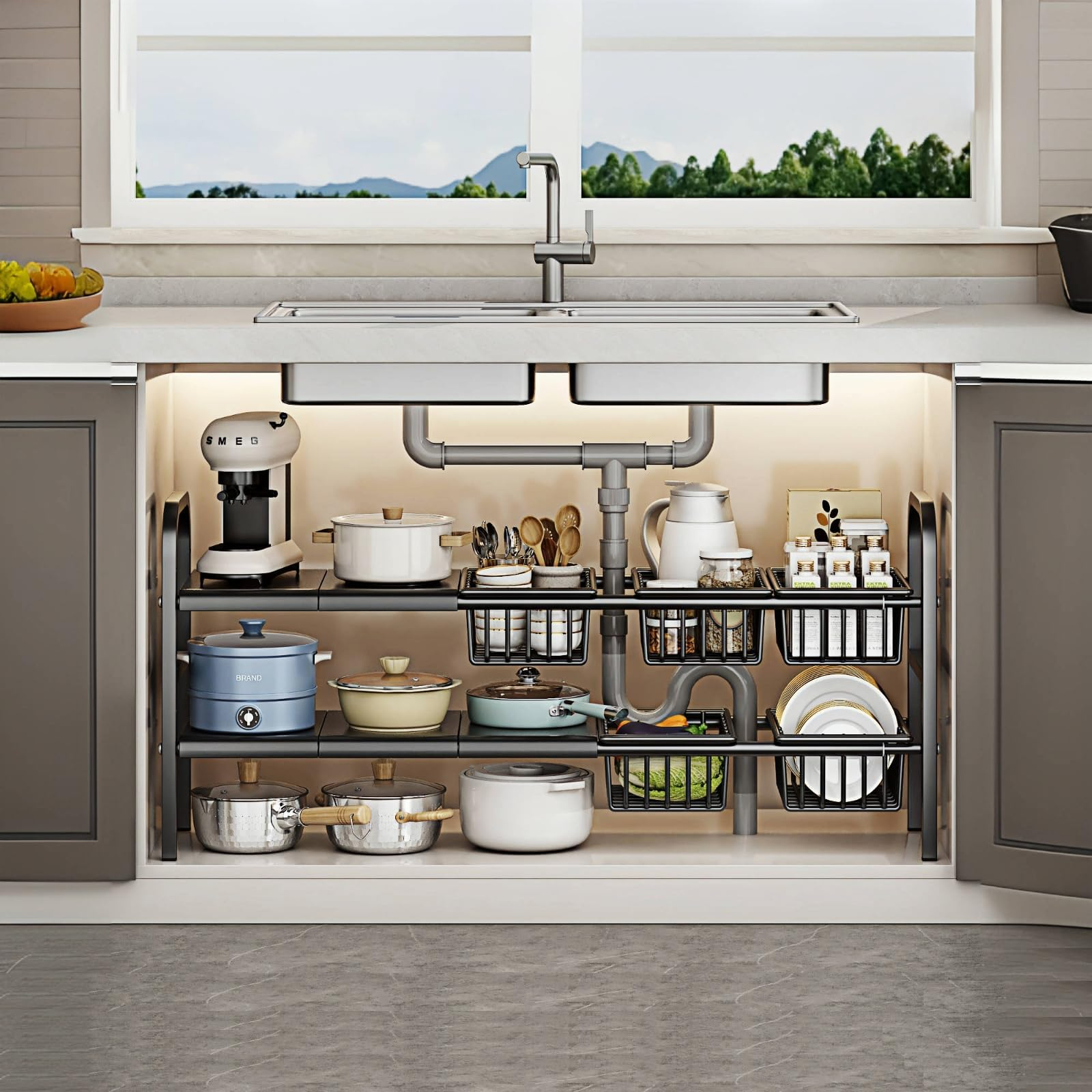 Amazon.com: Fliqor Under Sink Organizer，2 Tier Expandable Heavy Duty ... within The quiet joy of opening a perfectly organized under sink cabinet every morning