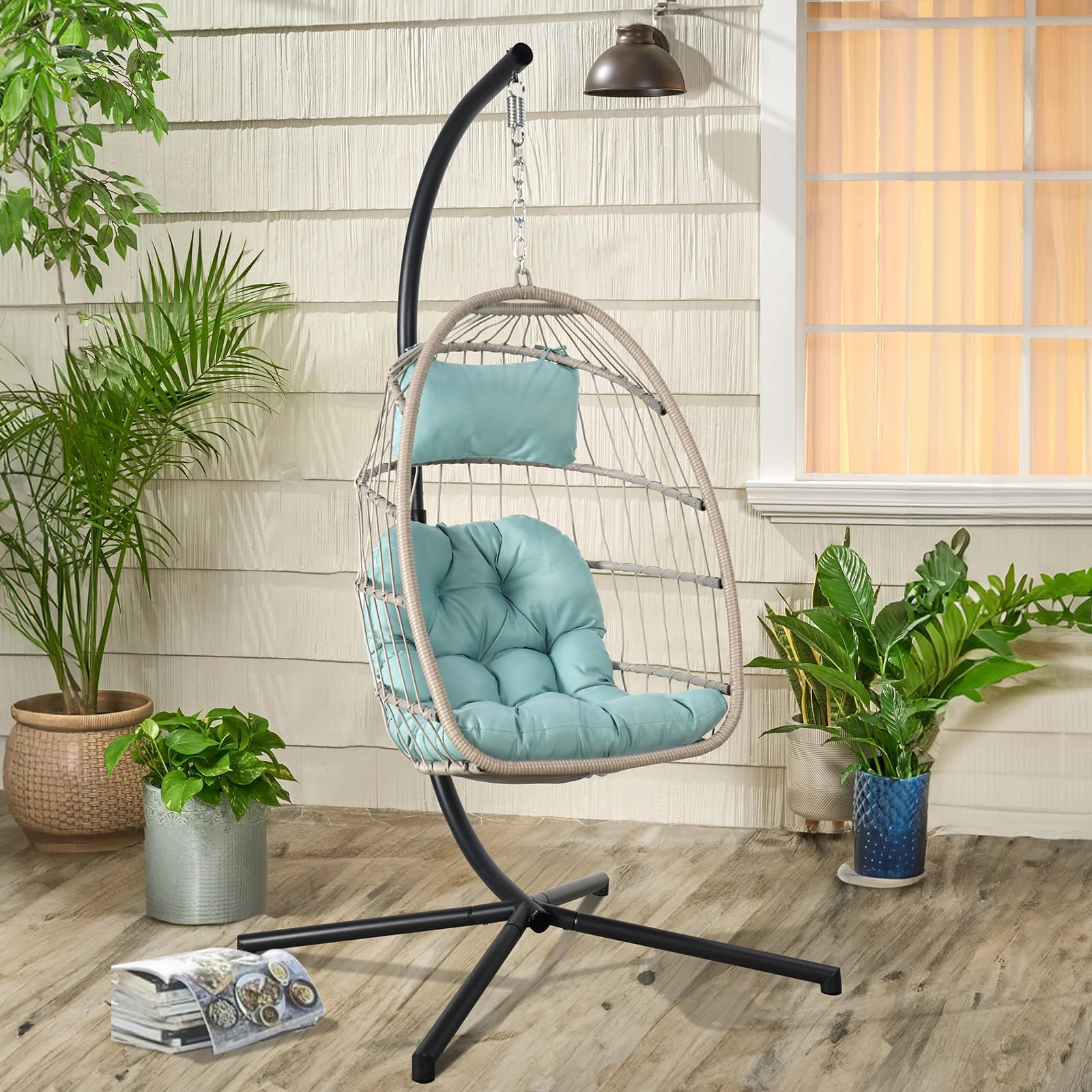 Amazon.com: Indoor Outdoor Egg Hanging Chair With Stand And Weather ... with Hanging Egg Chair Indoor