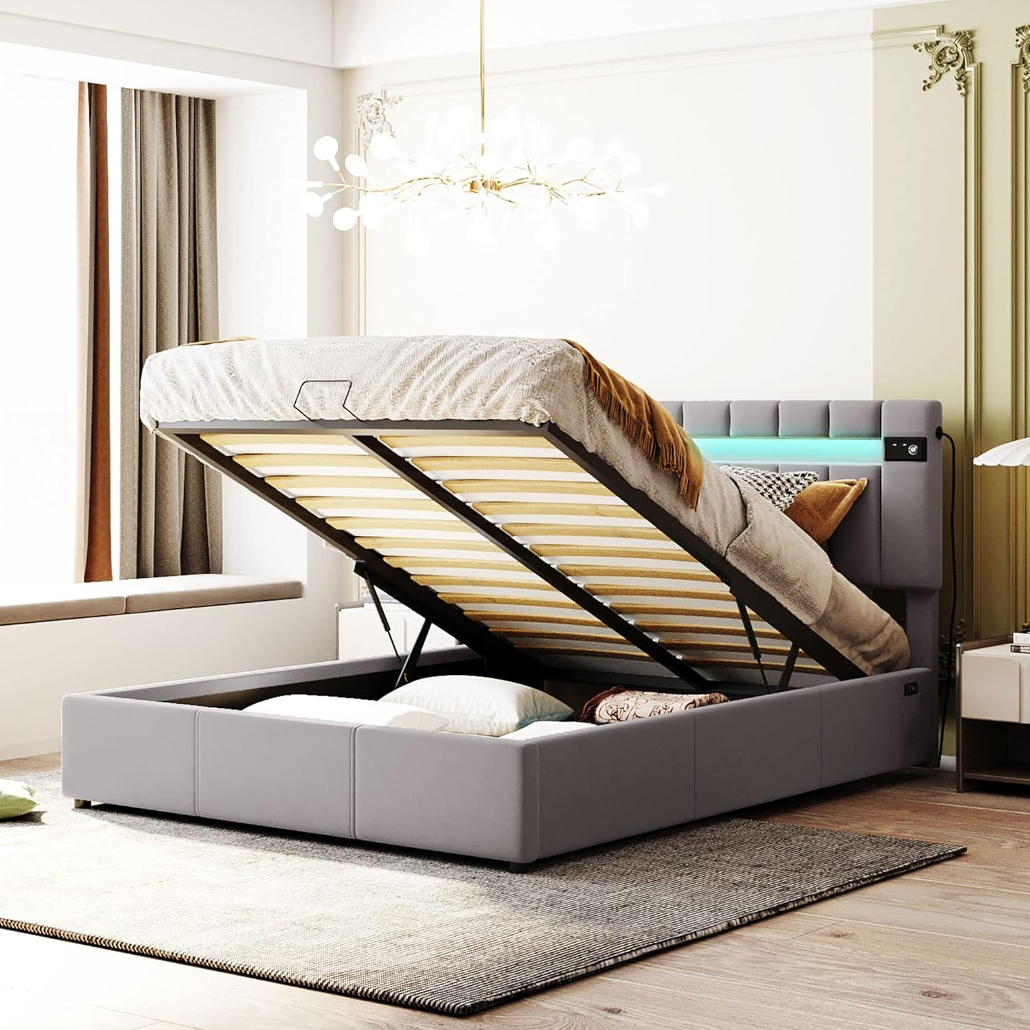 Amazon.com: P Purlove Queen Upholstered Hydraulic Storage Bed Platform ... within The Real Pros and Cons of Investing in a Hydraulic Storage Bed Frame