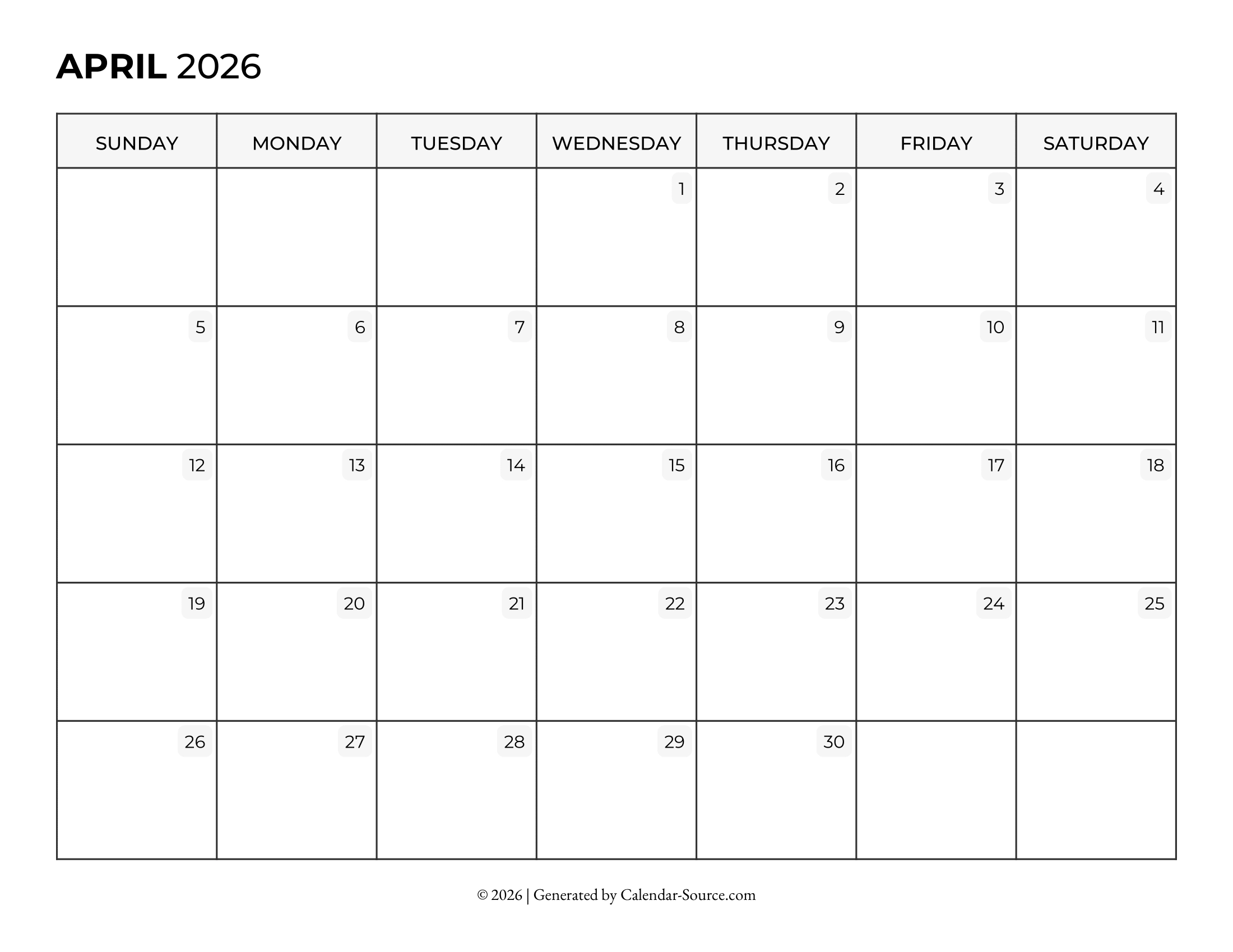 April 2026 Calendar (Printable) inside Tax Document Organization