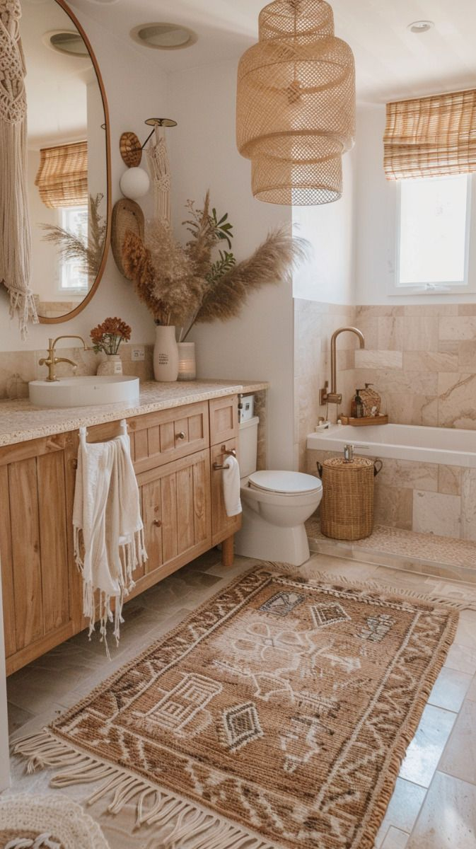 Boho Bathroom Sets with Hemp Fabric Upholstery