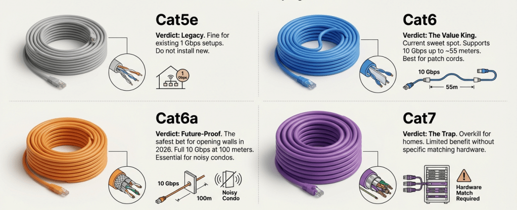 Ethernet Cable Categories Explained: Cat5E, Cat6, Cat6A & Cat7 (2026 Guide) in Cat6 vs Cat6a in 2026 and Why the Extra Cost Might Save You Thousands Later