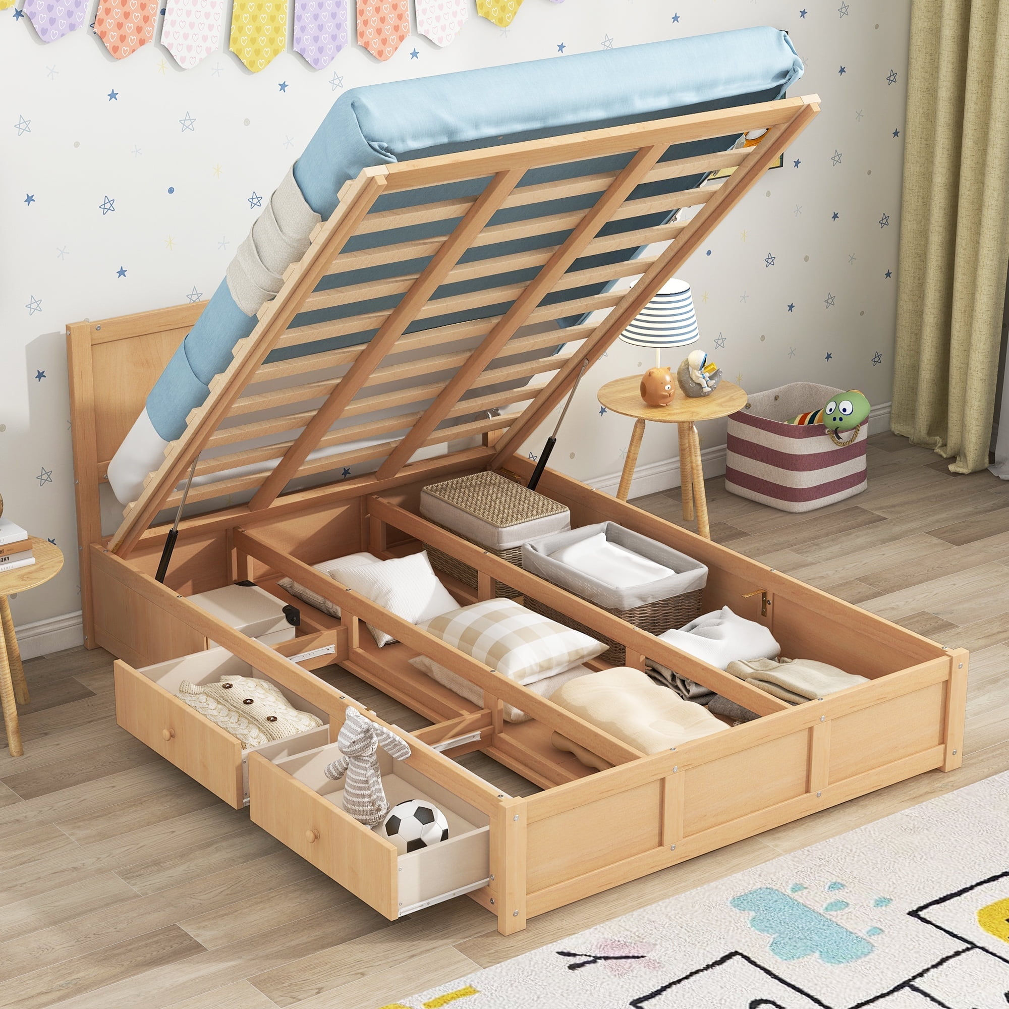 Euroco Full Size Lift Up Storage Bed, Wood Platform Bed Frame With 2 ... for Storage Bed Hydraulic Lift