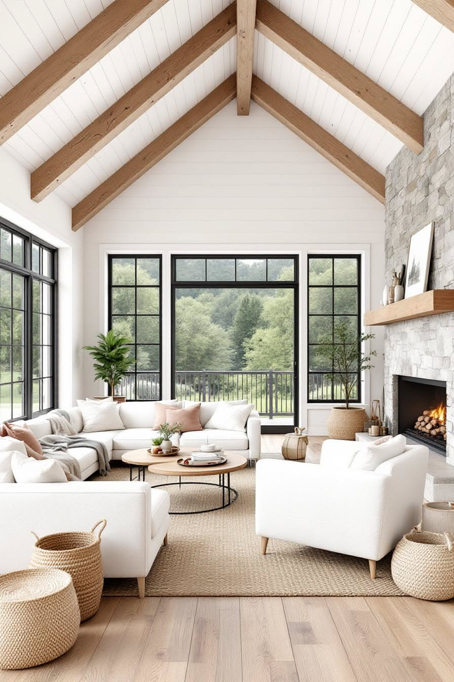Farmhouse Living Room With Large Windows And Stone Fireplace. Transform ... within Cast Stone Fireplace Mantel