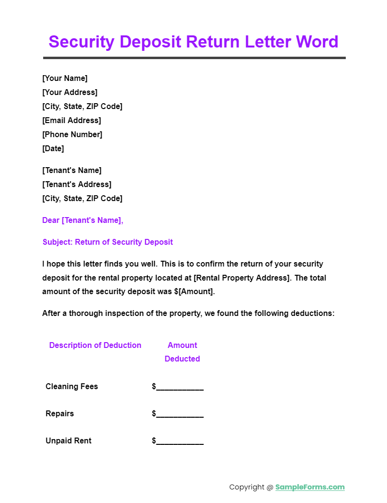 Free 9+ Security Deposit Return Letter Samples, Pdf, Ms Word, Google Docs intended for How to Write a Clear Itemized Security Deposit Return Letter