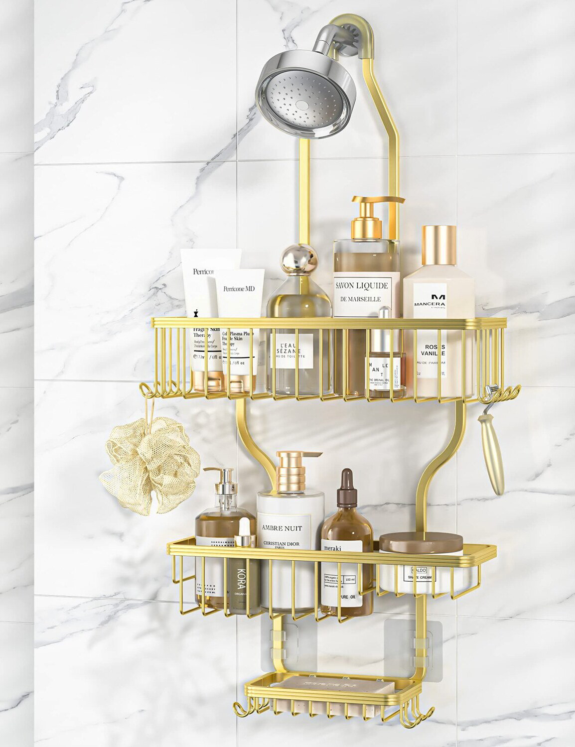 Hokku Designs Rust-Free Gold Aluminum Shower Caddy With 10 Hooks &amp;amp; Soap ... within Shower Caddy Organization