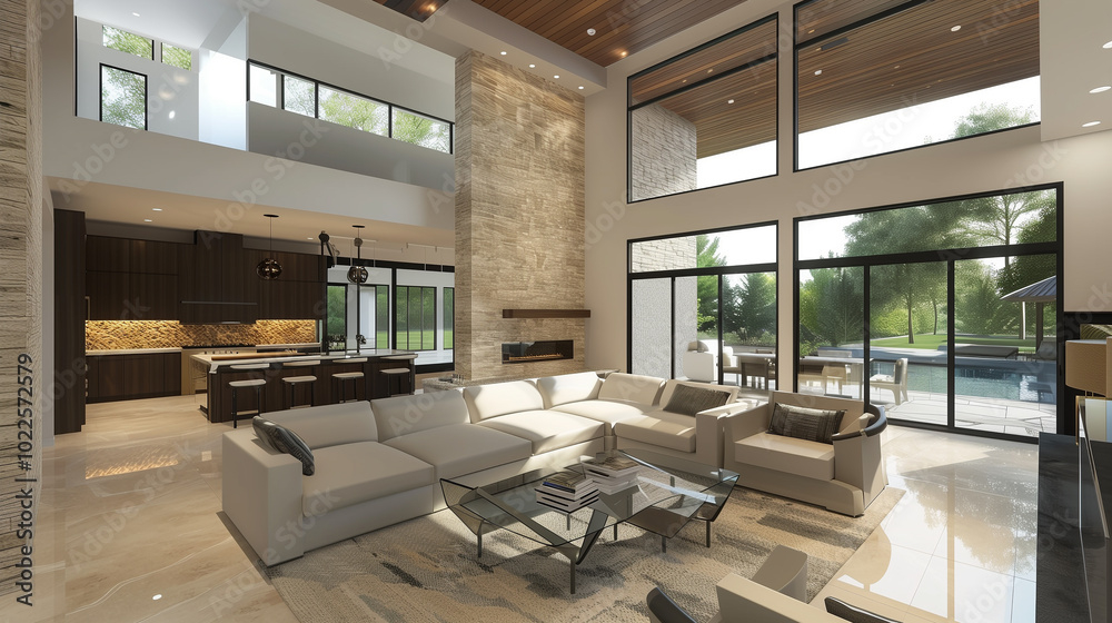 Interior Design Concept. Open-Concept Living Room With High Ceilings, Modern Furniture, And A ... regarding Balancing Openness and Intimacy in Modern High Ceiling Great Rooms