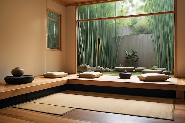Japanese Zen Meditation Space With Bamboo Floor Seating | Premium Ai ... with Transforming Cluttered Spaces Into Peaceful Japanese Zen Retreats