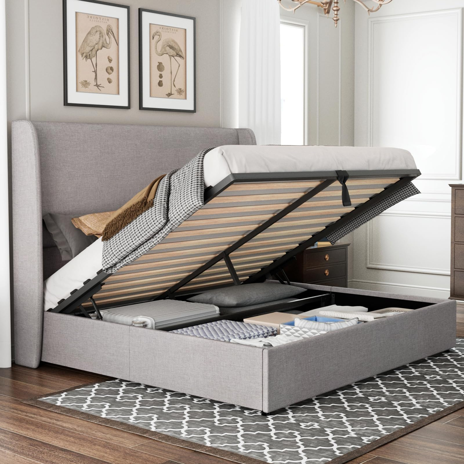 Jocisland Queen Size Lift Up Storage Bed Frame Linen Upholstered ... pertaining to The Real Pros and Cons of Investing in a Hydraulic Storage Bed Frame