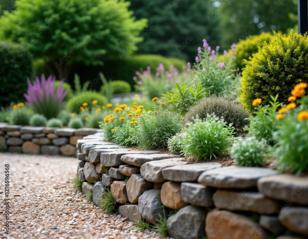 Landscaped Garden With Curved Stone Retaining Wall. Planting Perennials ... pertaining to Blending Native Plants with Curved Stone Paths for a Natural Look
