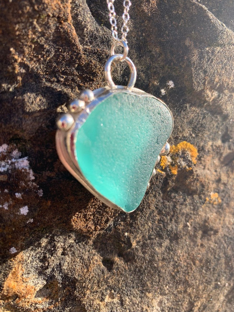 Light Blue Silver Sea Glass Pendant - Folksy with Zinc Patina Blue Green