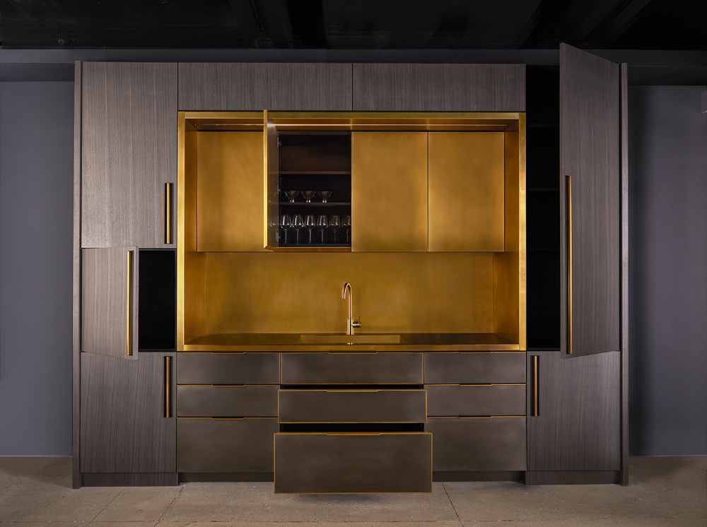 Metal Kitchen With Brass Niche + Koto Wood Surround - Amuneal: Magnetic ... intended for The Rise of Custom Metal Surrounds in Contemporary Interior Design