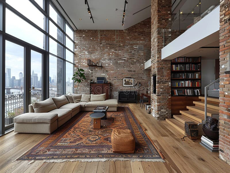 Minimalist Urban Loft With Exposed Brick And Large Stock Photo - Image ... for Why Exposed Brick and Steel Remain the Heart of Urban Loft Aesthetics