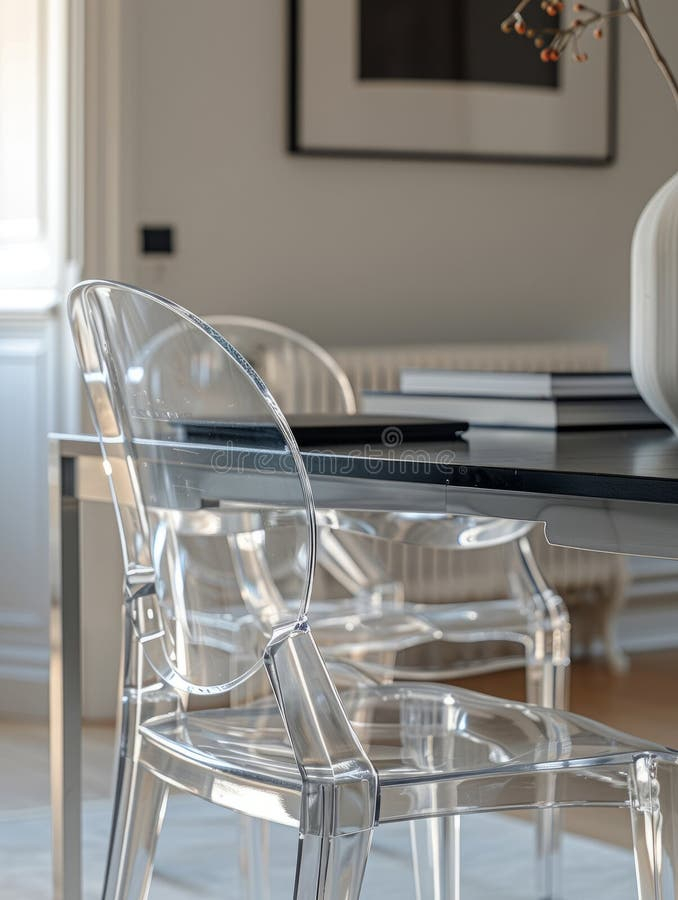 Modern Dining Room With Clear Chairs And Glass Table Stock Image ... in Mixing Classic Silhouettes with Modern Materials Using Clear Chairs