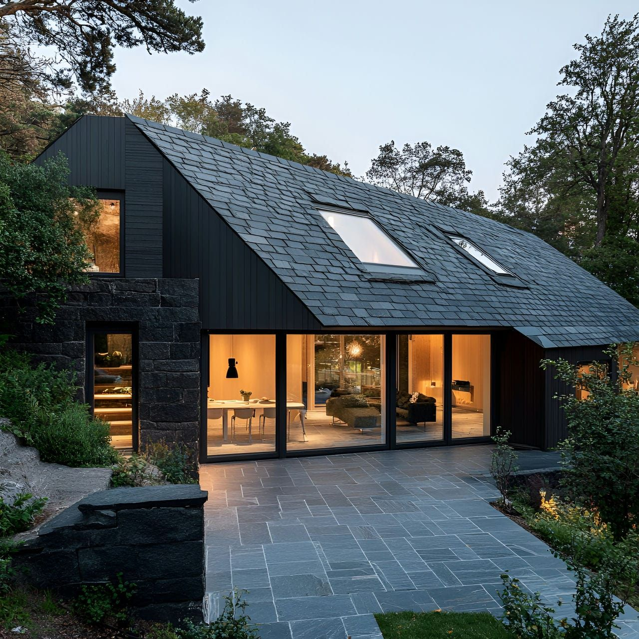 Modern Slate-Clad Home With Glass Windows And Stone Accents ... inside Slate Floor Tile Interior