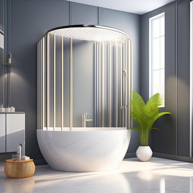Premium Ai Image | White Oval Bathtub Chrome Shower Head In Modern Loft ... inside Reeded Glass Shower Door