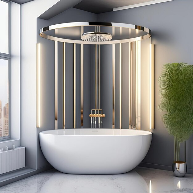 Premium Ai Image | White Oval Bathtub Chrome Shower Head In Modern Loft ... with Balancing Style and Function with Modern Reeded Glass Bathroom Solutions