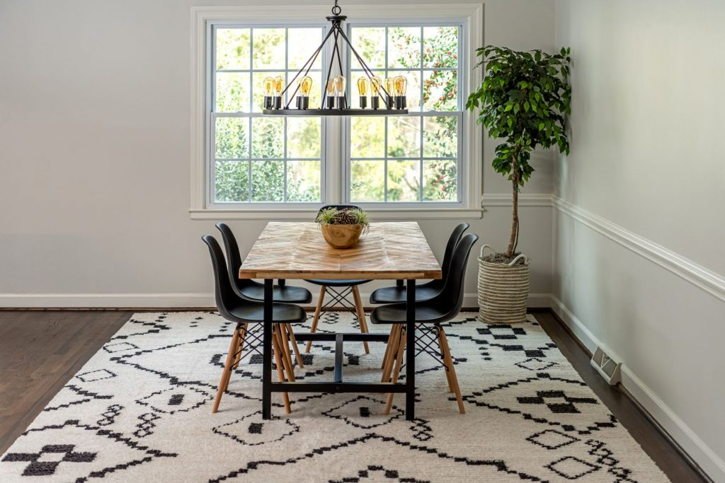 Simple Rules For Dining Room Rugs – Floorspace inside Simple Rules for Matching Dining Table Shapes to Your Lifestyle