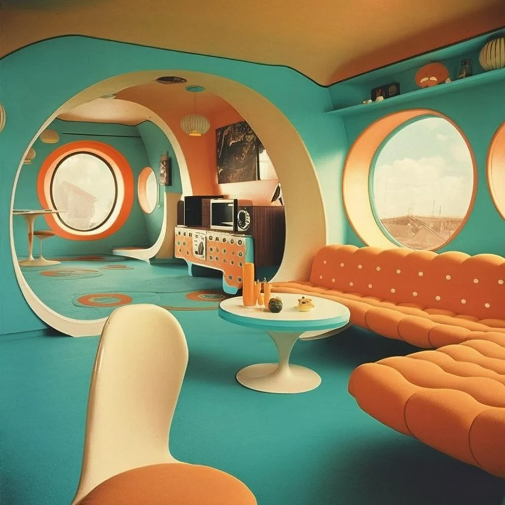 Space Age 60’S Living Room : R/Midjourney Space Age Interior, 60S ... inside Mixing mid century charm with space age vibes for a whimsical living space