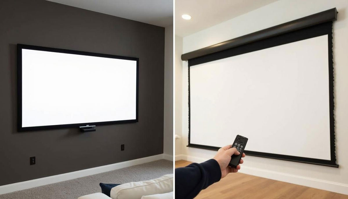 Transforming Your Basement Into A Cozy Home Theater - Kerala Home ... pertaining to Fixed Frame vs Motorized UST Screens Which Fits Your Lifestyle