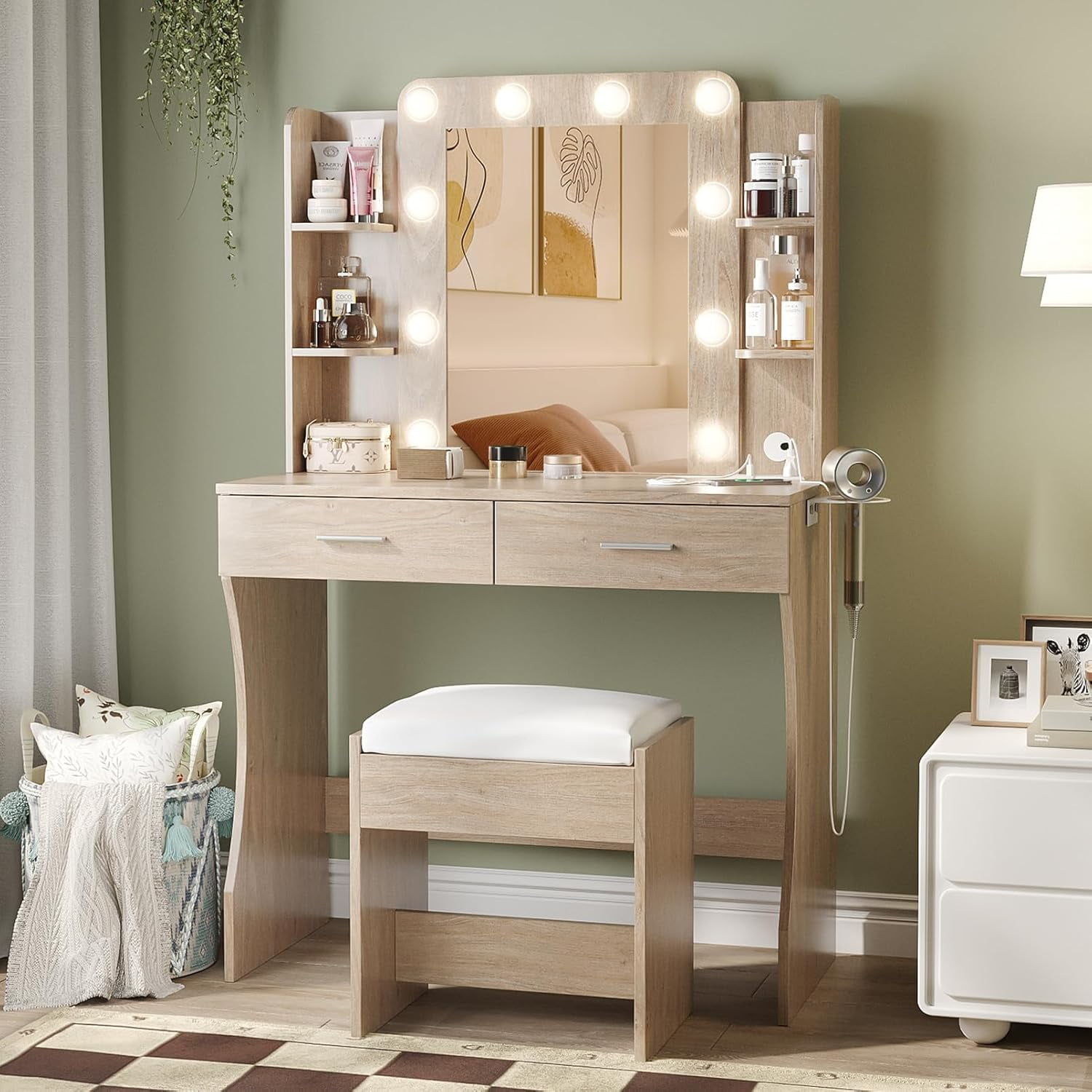 Vabches Vanity Desk Set With Mirror And Lights, Makeup Table With ... within Vanity Desk With Storage