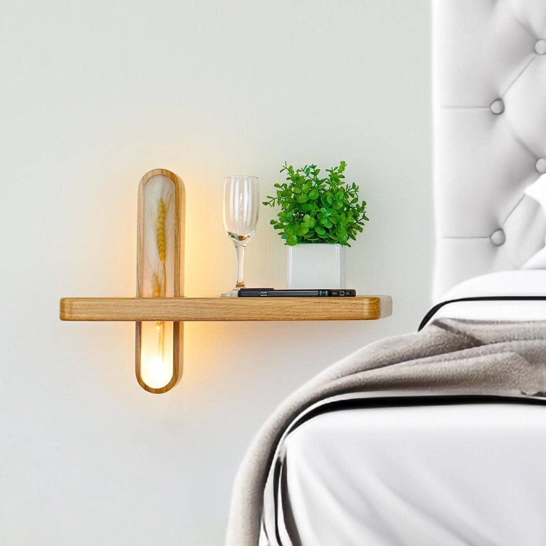 Wall Mounted Bedside Shelf With Light, Bedroom Floating Shelf, Cozy ... for The Hidden Benefits of Wall Mounted Bedside Storage in Small Spaces