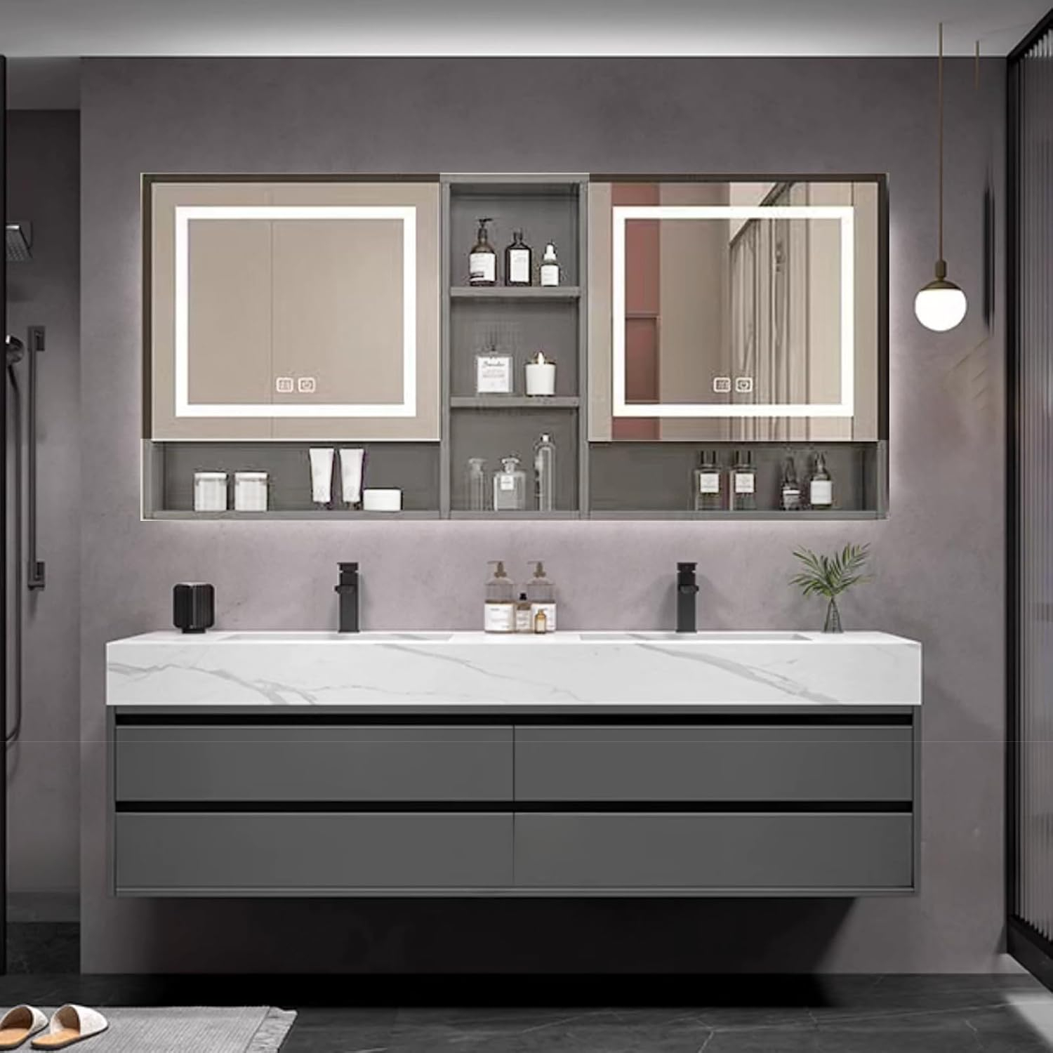 Amazon.com: Double Floating Bathroom Vanity - Modern Wood Bathroom ... intended for Integrating LED Lighting and Defogging Mirrors into Your Modern Bathroom Makeup Station