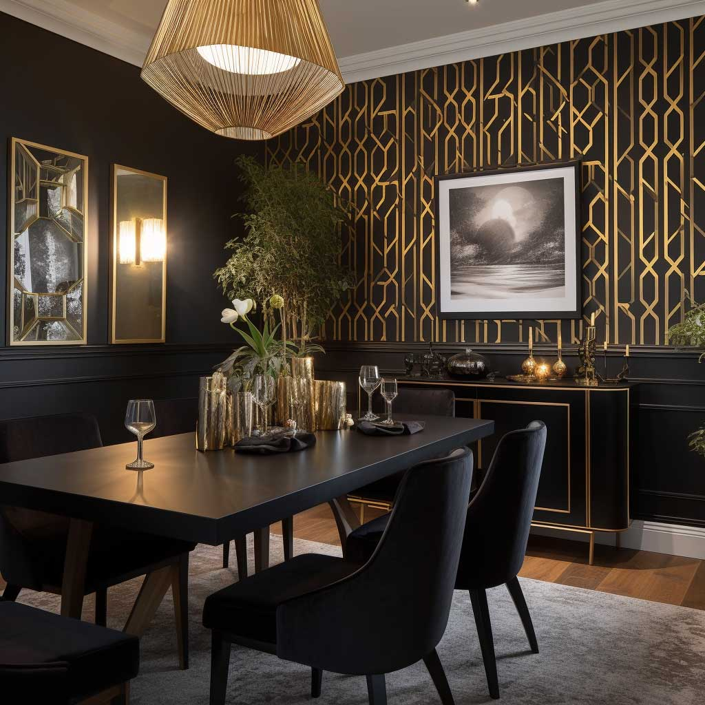 Black And Gold Geometric Wallpaper Elevates Luxurious Dining Room ... pertaining to Powder Room Bold Wallpaper Ideas