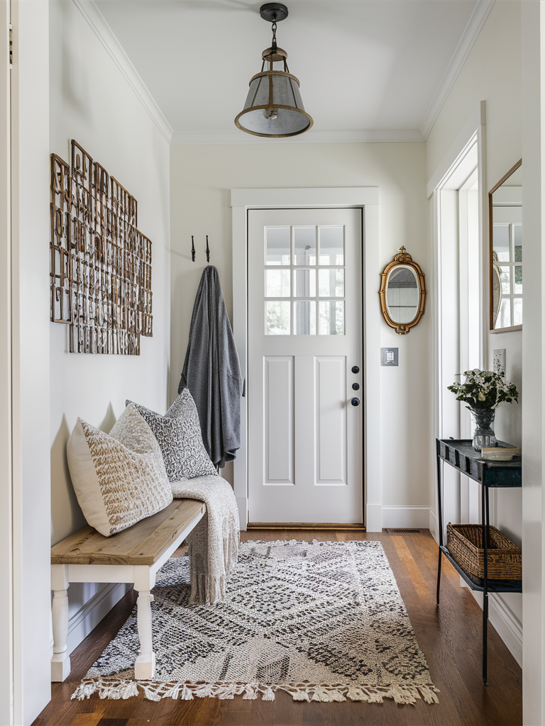 21 Ultra-Chic Entryway Bench Decor Ideas That Will Instantly Elevate ... in How to Style an Upholstered Bench to Instantly Elevate Your Entryway